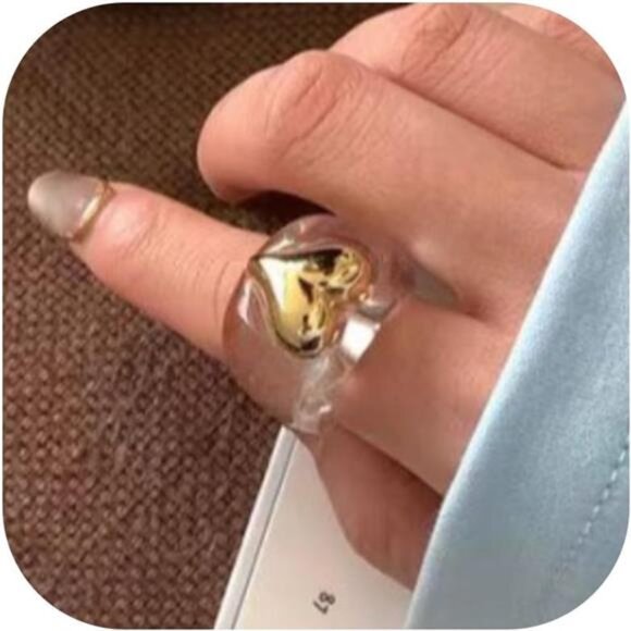 Gold Heart Statement Ring | Clear Cube Base Modern Fashion Jewelry - Picture 1 of 5